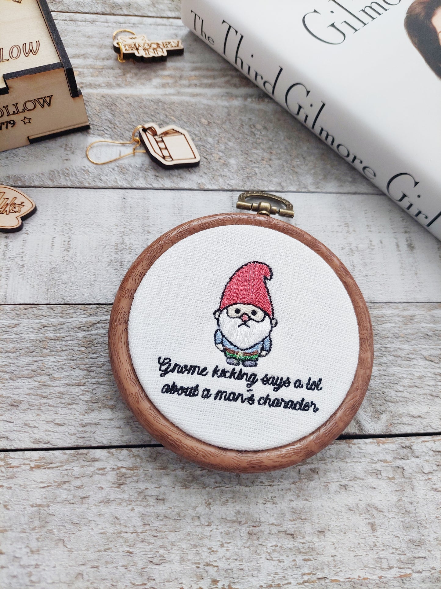 Gnome Kicking Embroidery Hoop